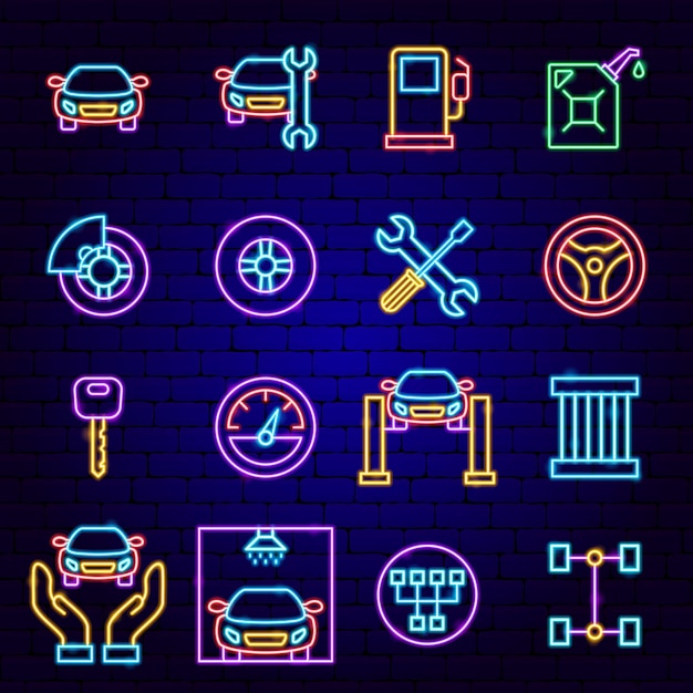 Car Service Neon Icons Vector Illustratie van Auto Promotion