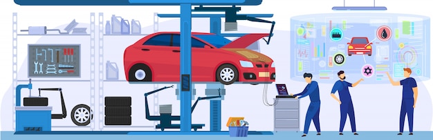 Servizio auto, manutenzione professionale e diagnostica, persone che utilizzano tecnologie moderne, illustrazione