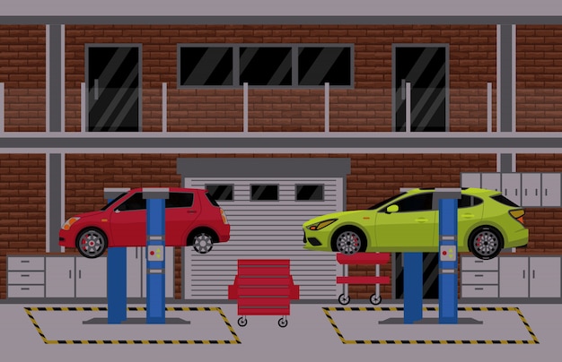 Vector car service and repair shop building or garage scene