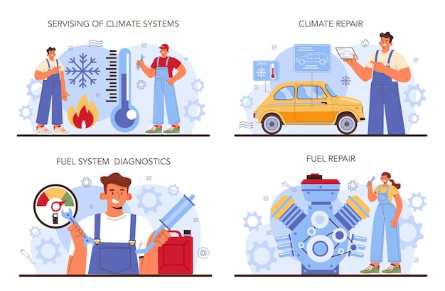 Car service set mechanic in uniform check a fuel and climate vehicle