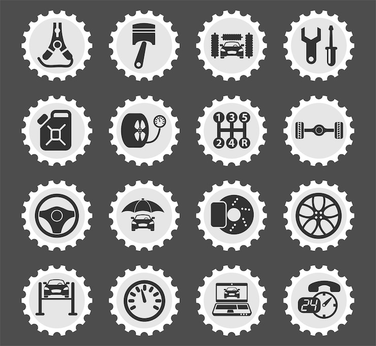 Vector car service symbols on a round postage stamp stylized icons