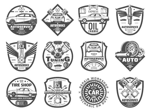 Vector car service tire and engine repair icons