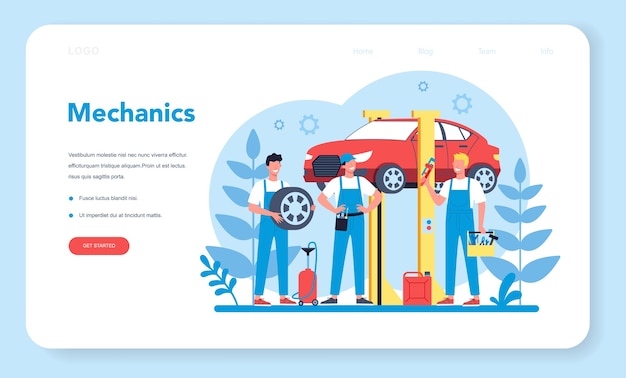 カーサービスのwebバナーまたはランディングページ。人々はプロの道具を使って車を修理します。自動車修理と診断のアイデア。ホイールとオイルのアイコン、エンジンと燃料。