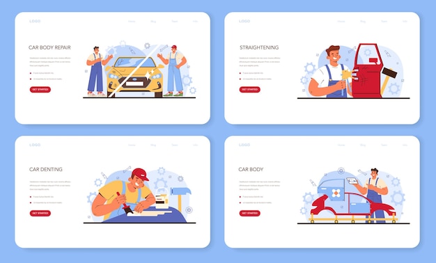 カーサービスのwebバナーまたはランディングページセット。自動車はガレージで修理されました。制服を着た整備士が車両をチェックして修理します。矯正と車のへこみ。フラットベクトルイラスト。