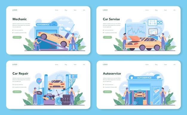 Modello web di servizio auto o set di pagine di destinazione. la gente ripara la macchina