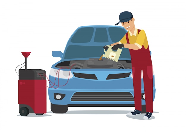 Car Service Worker Pour Oil into on Blue Car