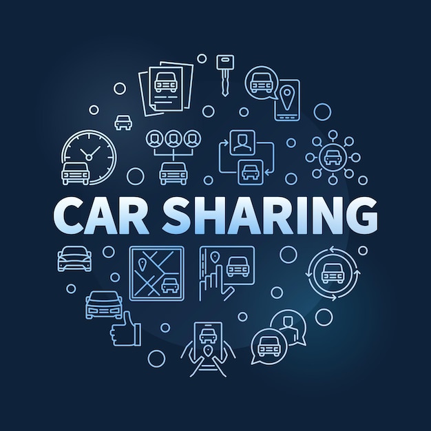 자동차 공유 파란색 라운드 배너 Carsharing 벡터 라운드 컬러 그림