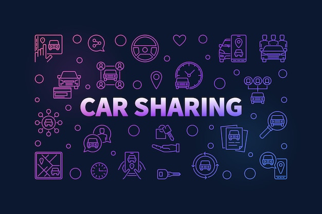 자동차 공유 다채로운 라인 배너 Carsharing 개념 벡터 가로 그림