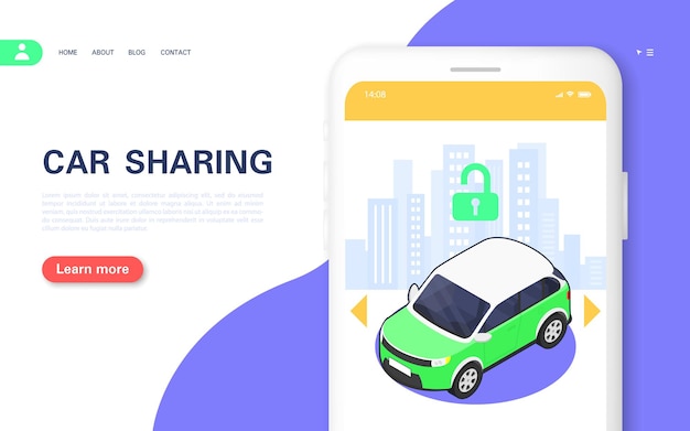 Car sharing concept banner. smartphone apps for car rental. vector isometric illustration.