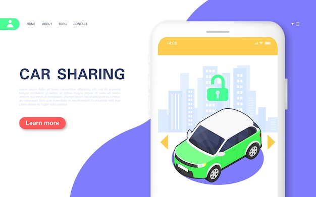 カーシェアリングコンセプトバナー。レンタカー用のスマートフォンアプリ。ベクトル等角図。