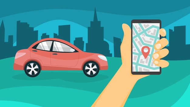Vettore concetto di car sharing. prenota un'auto tramite un'app sul telefono cellulare. servizio di trasporto online. concetto di viaggio. illustrazione