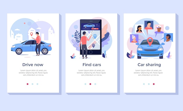 Vettore set di illustrazioni per il concetto di car sharing, perfetto per banner, app mobile, landing page