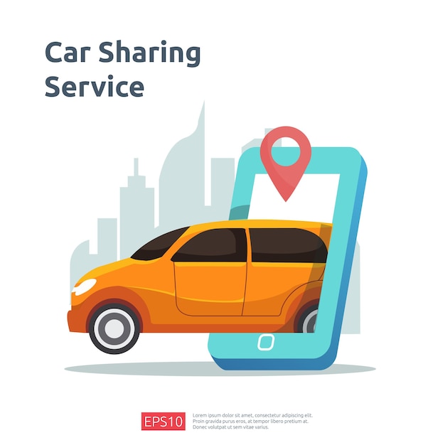 자동차 공유 그림 개념입니다. 방문 페이지, 배너, 웹, Ui, 전단지에 대한 Gps 지도의 문자 및 경로 지점 위치가 포함된 스마트폰 서비스 응용 프로그램을 사용하여 온라인 택시 또는 임대 교통편