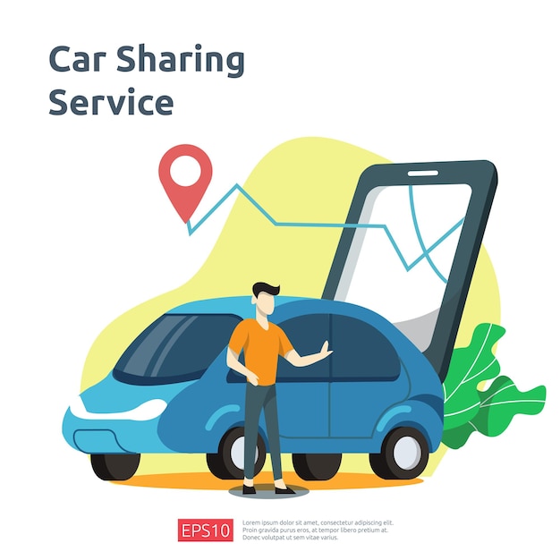 Concetto di illustrazione di car sharing. taxi online o noleggio di mezzi di trasporto utilizzando l'applicazione di servizio per smartphone con posizione dei caratteri e dei punti del percorso sulla mappa gps per pagina di destinazione, banner, web, interfaccia utente, volantino