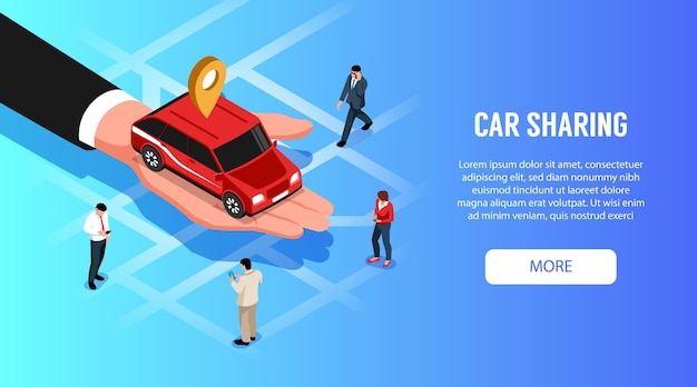 Vettore car sharing in linea 24 ore su 24 banner orizzontale web isometrico con auto rossa nel palmo della mano