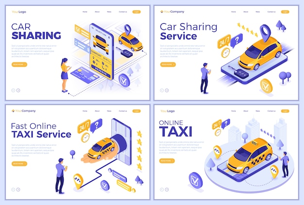 Car sharing and online taxi landing page templates. man and girl online choose car for carsharing or taxi. auto rental, carpool, shared through mobile application. isometric