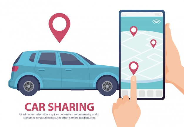 Vector car sharing. rent car online mobile app web page concept.  find vehicle on map illustration. blue automobile, smartphone, hands