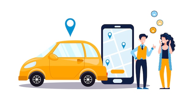 Concetto di servizio di car sharing con donna e uomo positivi, telefono con app, auto gialla. mappa online e noleggio auto, gps, applicazione mobile. illustrazione piana di vettore isolato su priorità bassa bianca.