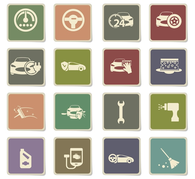 Vector car shop icons on square paper stickers with shadow