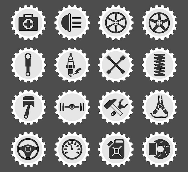 Car shop symbols on a round postage stamp stylized icons