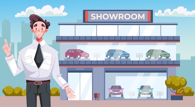 Vector car showroom dealership shop center store auto rental dealer concept graphic design