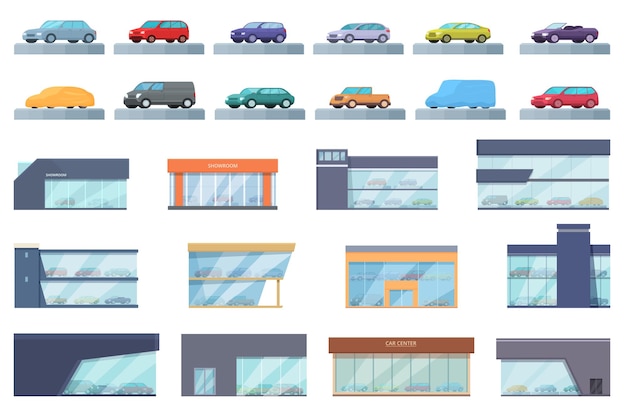 Car showroom icons set cartoon vector Building dealer