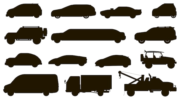 車のシルエット。自動車の種類が異なります。孤立したハッチバック、CUV、バン、レッカー車、セダン、タクシー、SUV車車両フラットアイコンコレクション。都市の自動車の輸送タイプと輸送