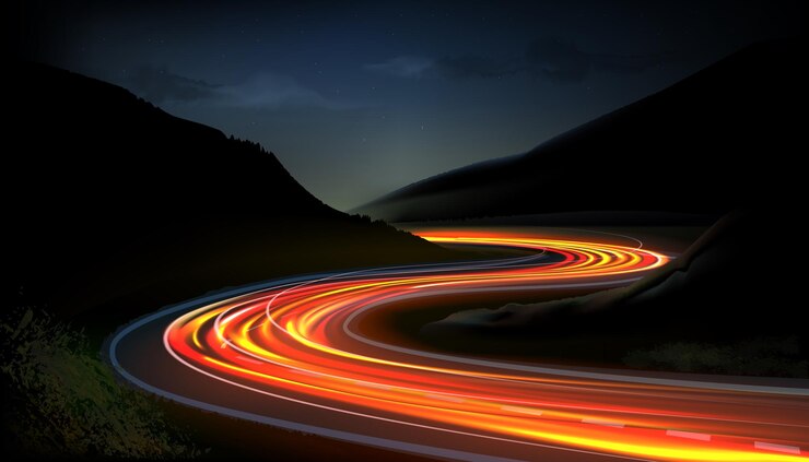 Vector car speed lights glowing trail highway road line fast and long night exposure red lane blurred effect mountains and night sky vector abstract background with dynamic flashlight