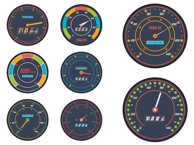 Vector car speedometer level indicator speed engine signs icon set in flat style for transport vector