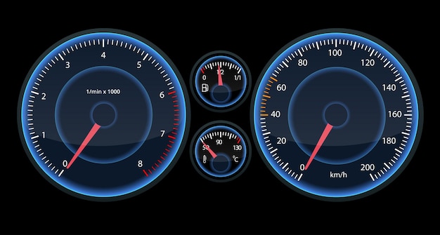 Car speedometer panel. View at night on the panel. Futuristic Speedometer dor Infographic and designe. Vector illustraton