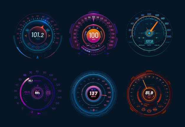 Vettore velocimetri per automobili a neon o misuratori di velocità del traffico