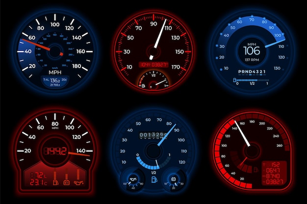 Car speedometers Racing speedometer speed scales in auto Car dashboard fast accelerate interface Abstract motorbike vehicle recent vector elements