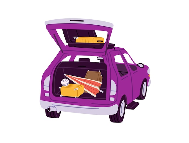 Car stands waits to preparing to summer travel packing baggage in open back door automobile trunk with luggage to moving leaving in auto trip Flat isolated vector illustration on white background