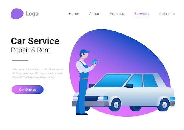 car technical service diagnostic repair and rent flat style illustration landing page banner