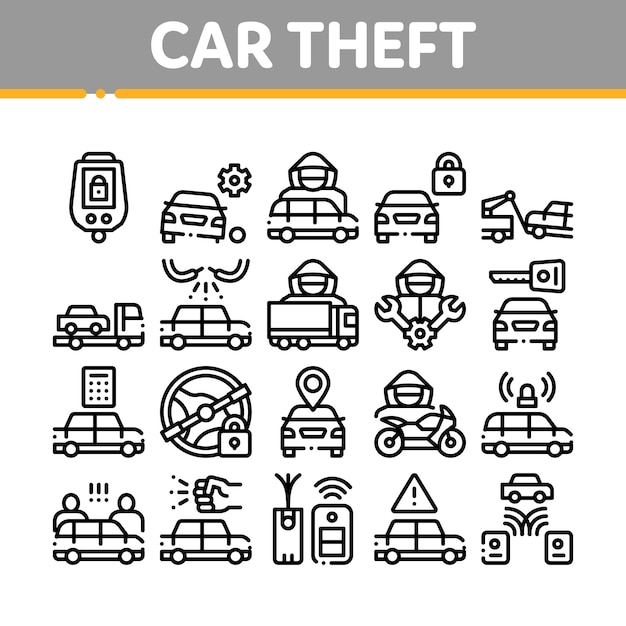 Insieme di icone degli elementi della raccolta di furto di automobile