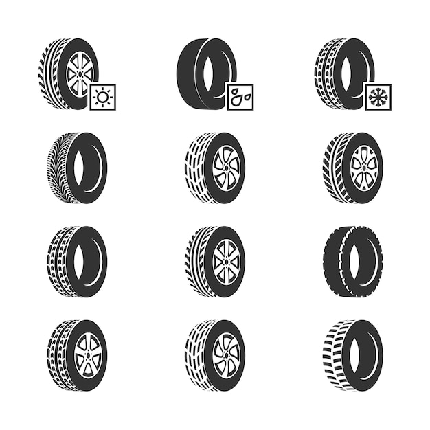 Car tires, wheel disk auto service vector icons