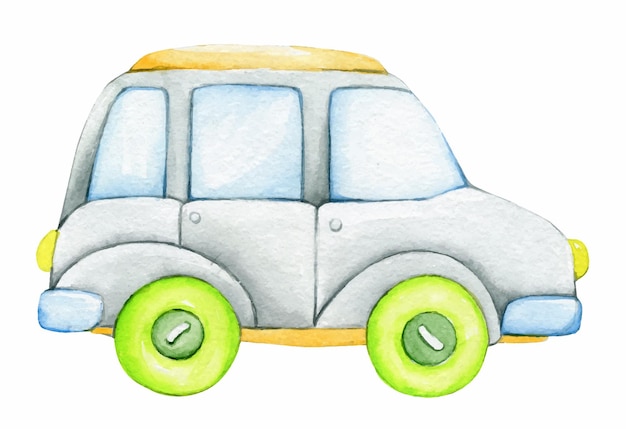 Vector car toy cartoon style watercolor illustration on an isolated background