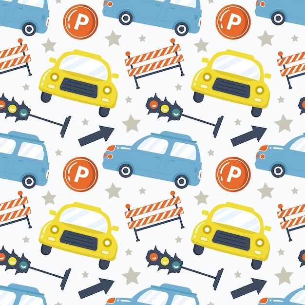 Vector car toys seamless pattern design with boys and girls children toy equipment in cartoon illustration