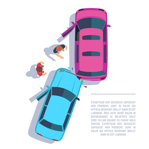 Car traffic accident. Crashed cars and people on road top view. Insurance vector illustration