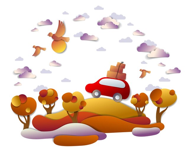 Автомобильные путешествия и туризм осенью, красный минивэн с багажом, едущий по бездорожью на оранжевых осенних лугах среди деревьев, птиц и облаков в небе, вырезанная из бумаги векторная иллюстрация автомобиля в живописном пейзаже.