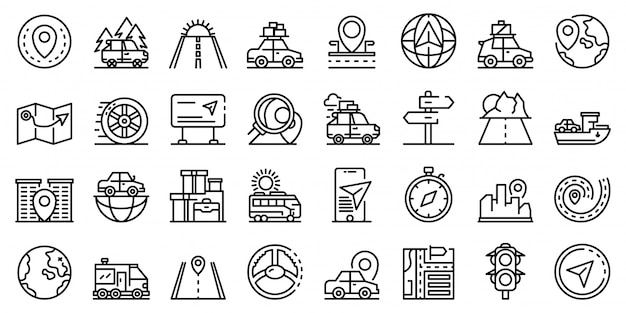 Car trip icons set, outline style