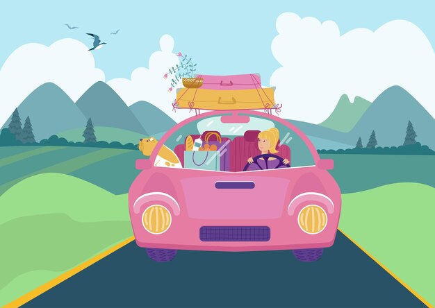 Vector car trip with pet vector illustration flat woman character travel at transport happy journey with dog girl drive auto at road