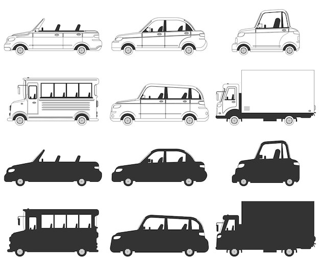 Car, truck and bus black silhouettes icons set isolated on a white background.