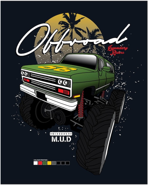 car truck off road machine cartoon vector graphic t shirt design illustration design