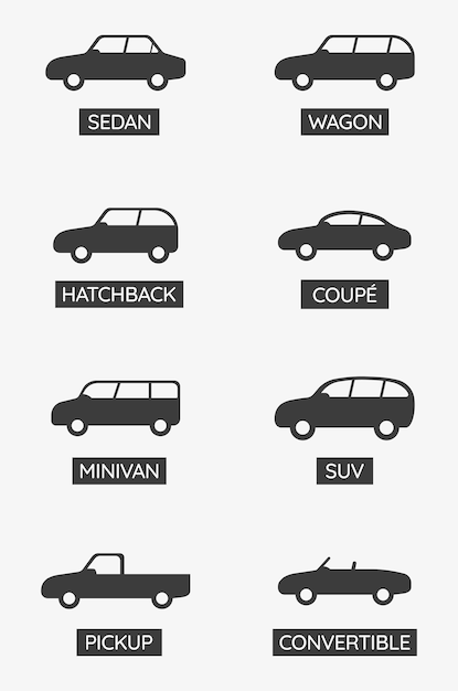 Car icon pack. All car types icon collection. Vehicle icons