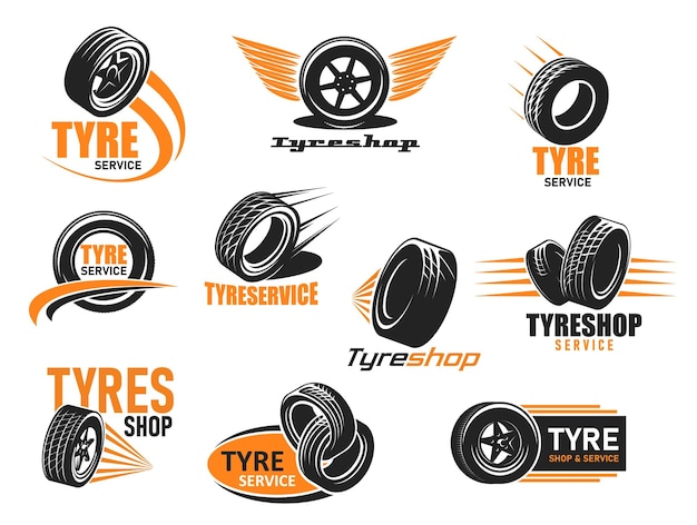 Vector car tyre shop repair and balancing service icons