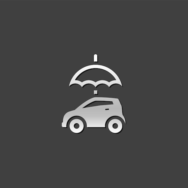 Vector car and umbrella icon in metallic grey color styleinsurance protection