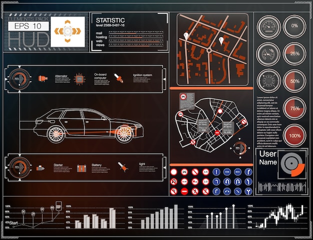 Пользовательский интерфейс автомобиля. Карта HUD UI. Абстрактный виртуальный графический интерфейс пользователя касания.