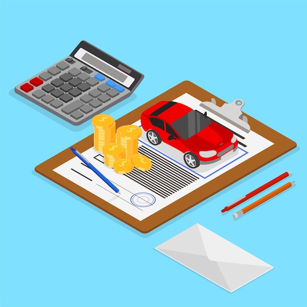 Vector car valuation and insurance isometric illustration with car and documents on blue background