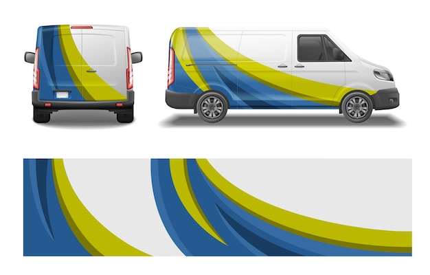 Car van mockup livery wrap design realistic set of side and back car views with artwork vector illustration